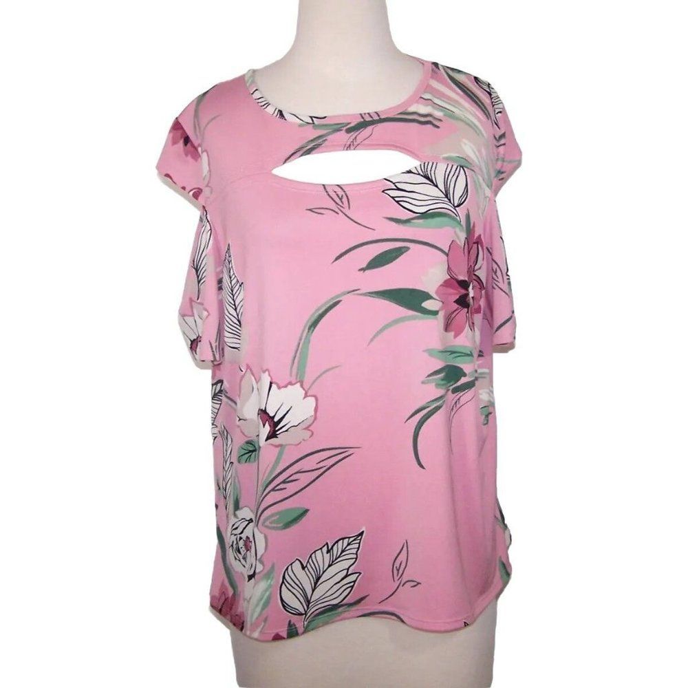 BonWorth Shirt Top LP Cutout Floral Stretch Flowy Short Cold Shoulder Sleeve